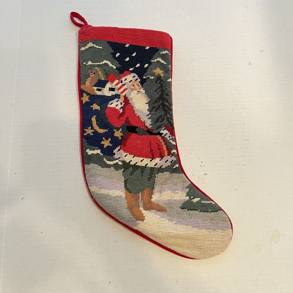 Vtg Needlepoint Santa Handmade Christmas Stocking Red Velvet Rich Colored Wool